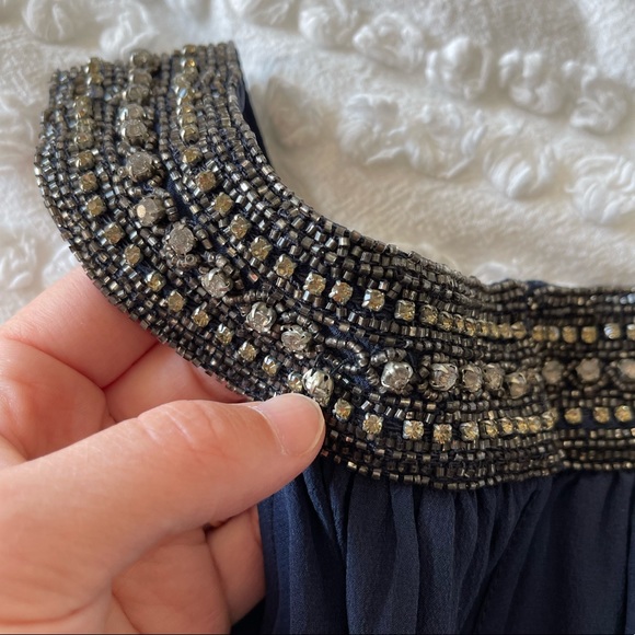 Joie | Embellished Silk Navy Drapey Tank with Beaded, Halter High Neckline โจ - Picture 5 of 9